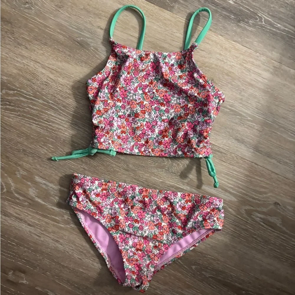 Girls Wonder Nation Floral Bikini Swimsuit with Green Straps Sz S 6-6X